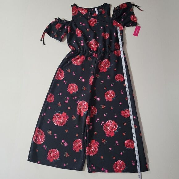 Xhilaration Women's Black Red Floral Cold Shoulder One Piece Ruffle Jumpsuit - Picture 8 of 16